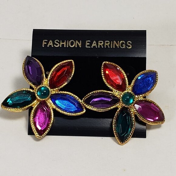 Women's Stunning Gold tone Flower Design Colorful Crystal Stud Earrings - Picture 6 of 8